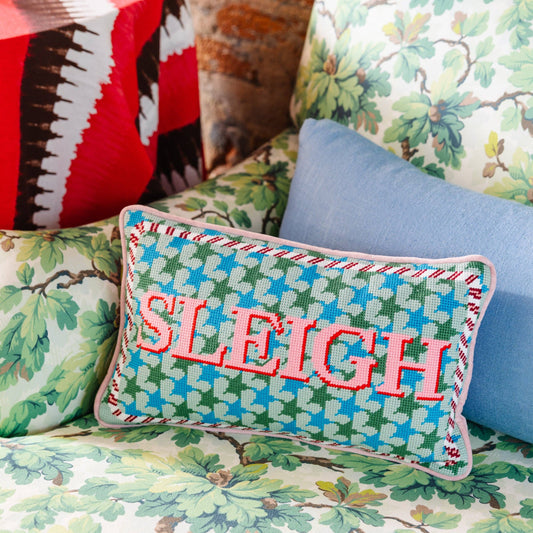 sleigh needlepoint pillow
