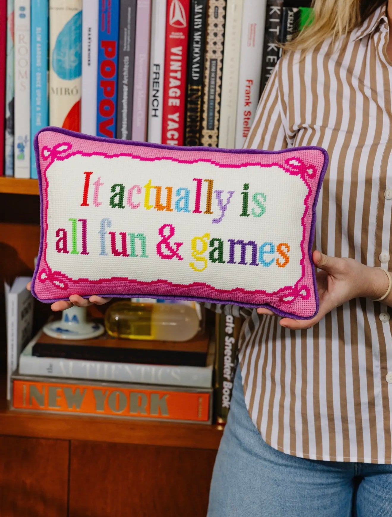 fun + games needlepoint pillow