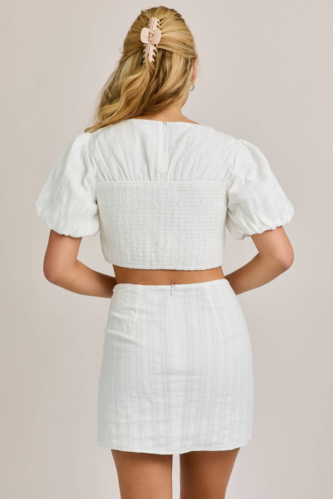 short puff sleeve top with smocking waist skirt