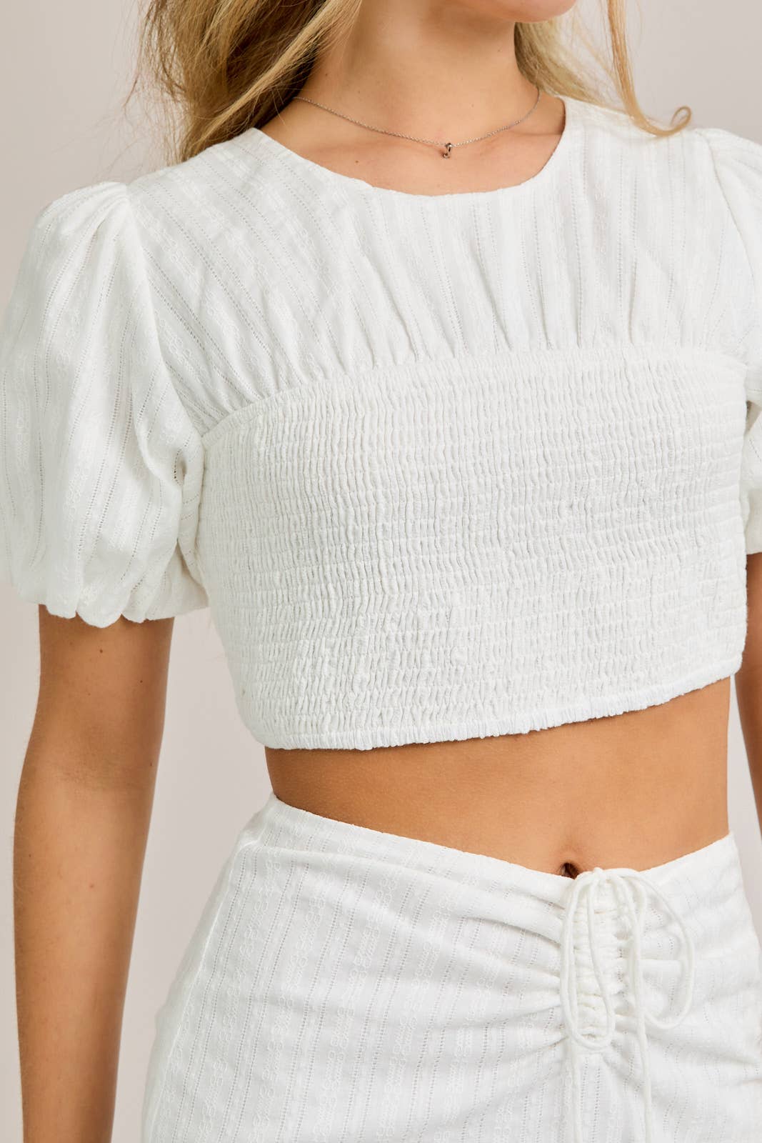 short puff sleeve top with smocking waist skirt