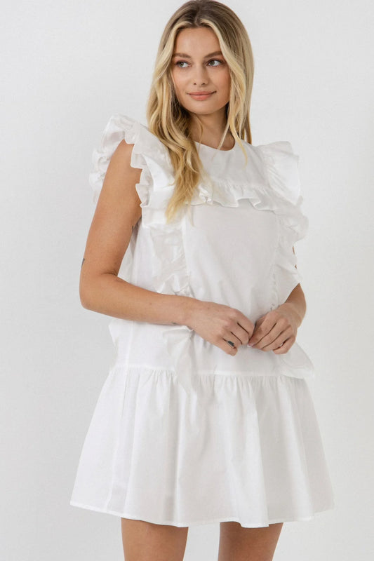 white ruffle mini dress