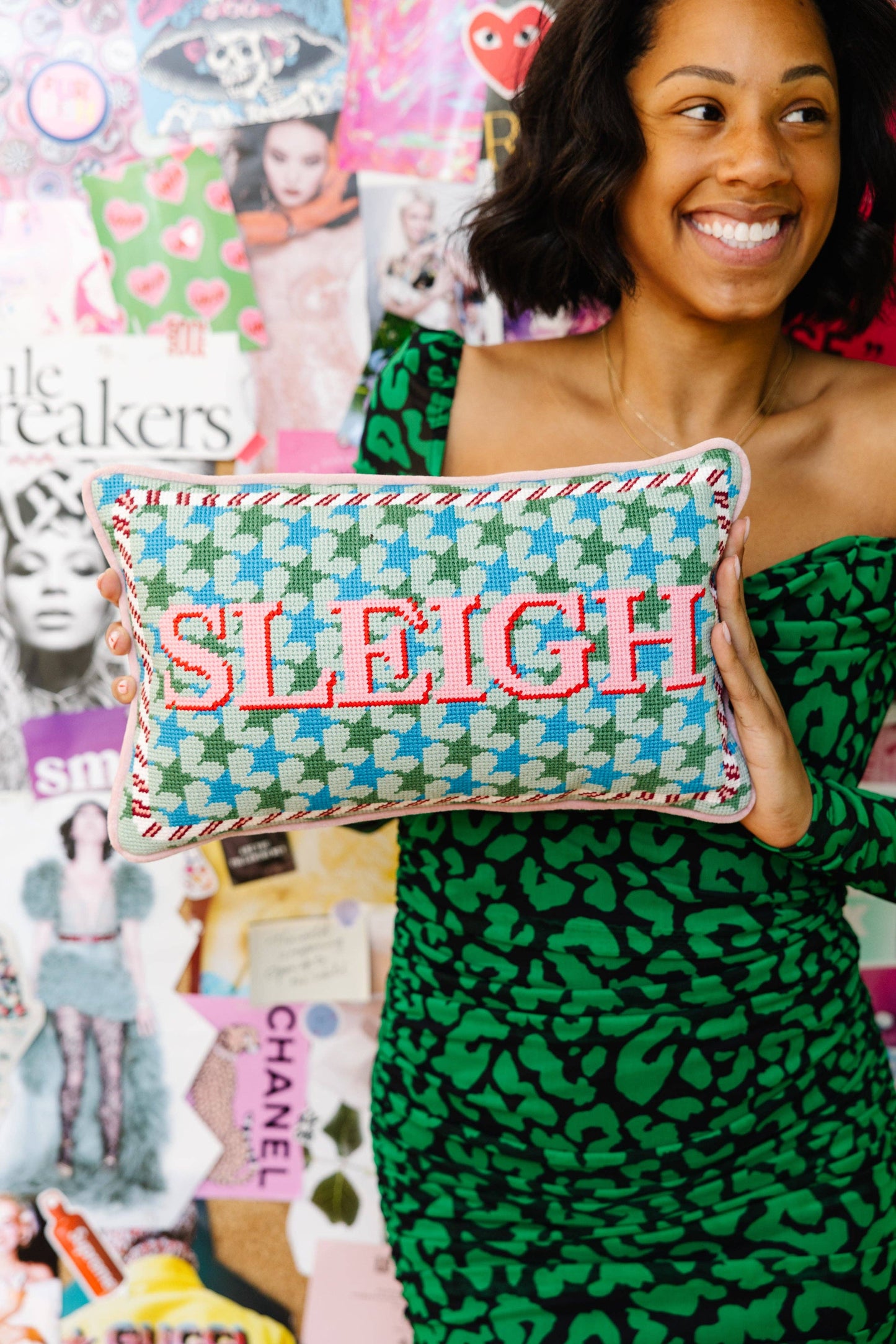 sleigh needlepoint pillow