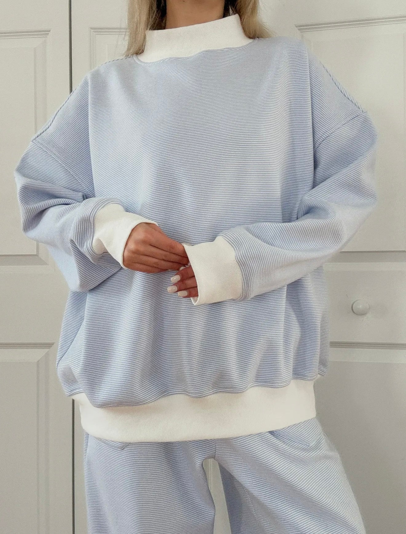 blue and white striped mockneck