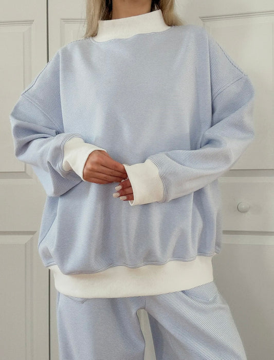 blue and white striped mockneck