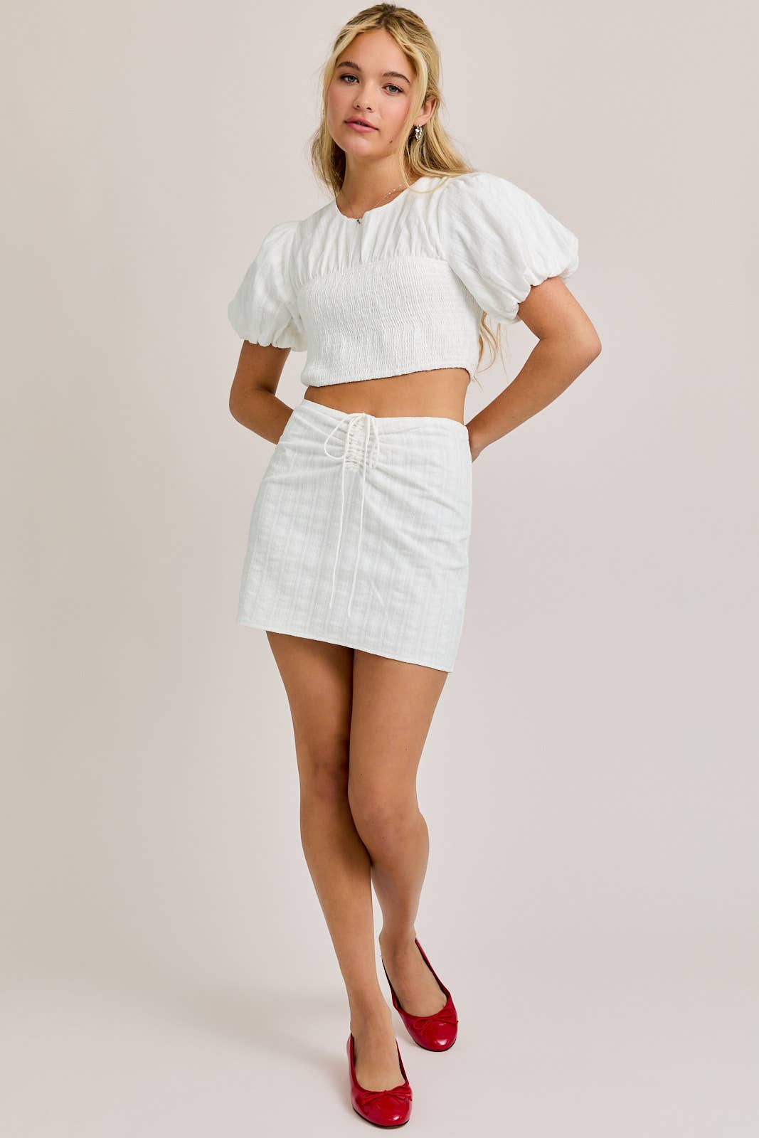 short puff sleeve top with smocking waist skirt