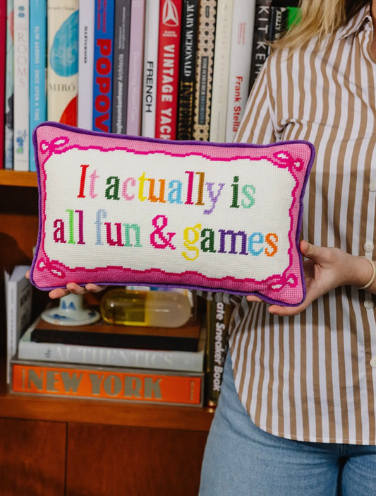 fun + games needlepoint pillow