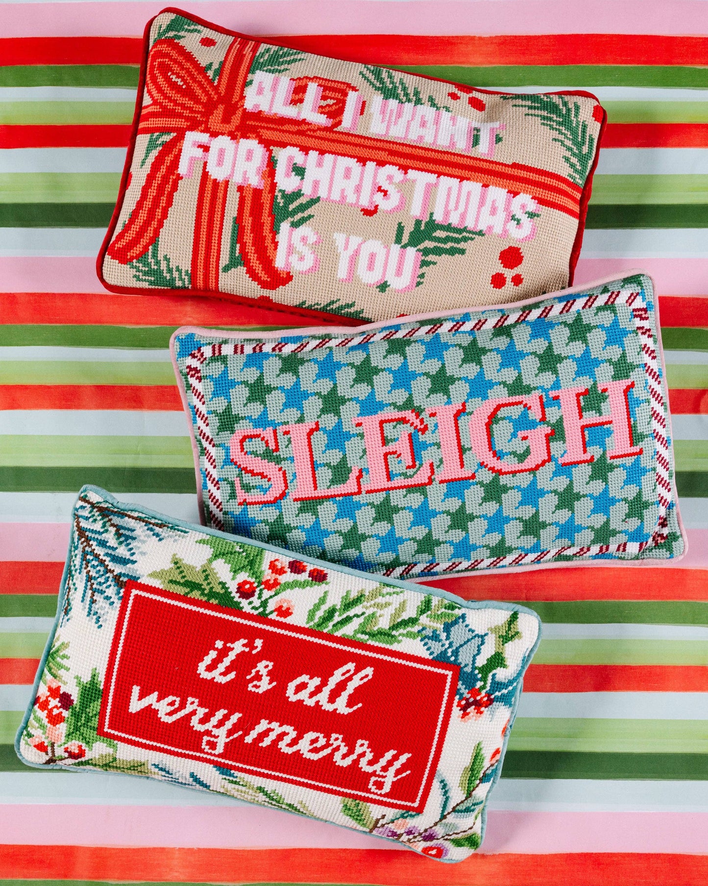 sleigh needlepoint pillow