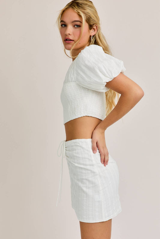 short puff sleeve top with smocking waist skirt