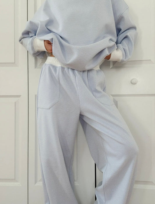 blue and white striped sweatpants