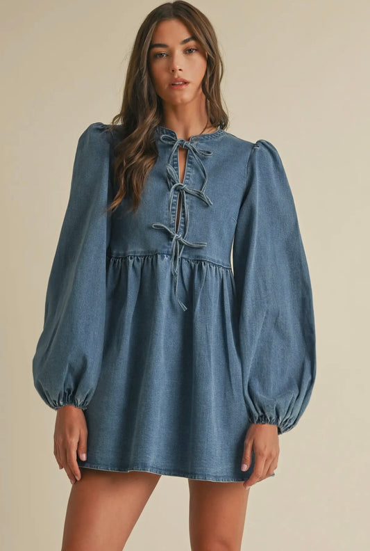 denim bow mini dress