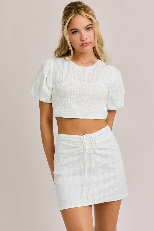 short puff sleeve top with smocking waist skirt