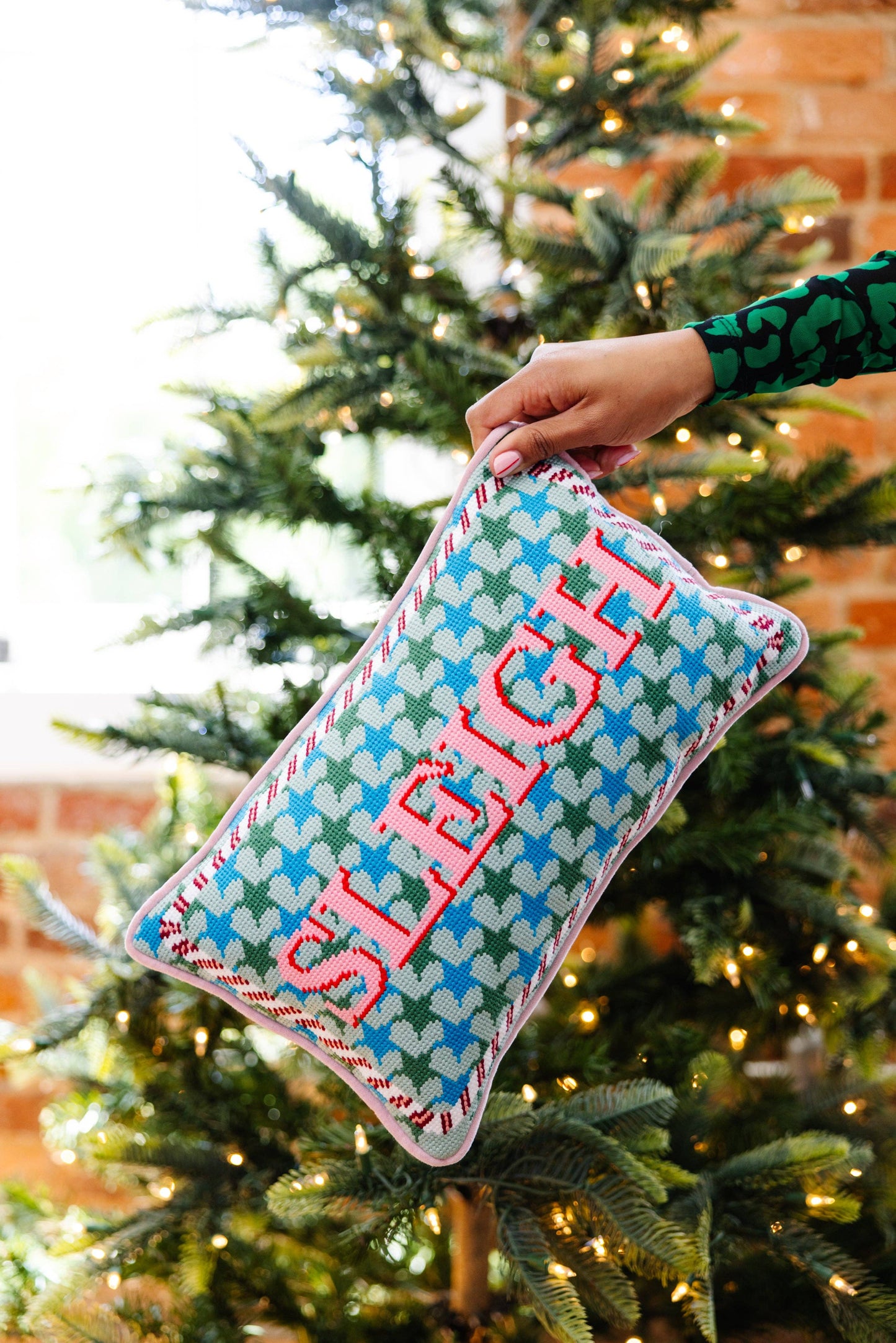 sleigh needlepoint pillow